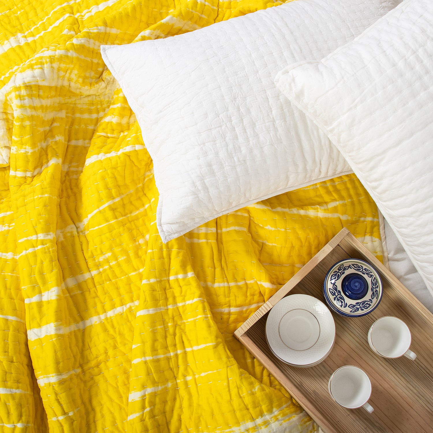 Yellow Tie Dye Cotton Handmade Kantha Quilts Blanket