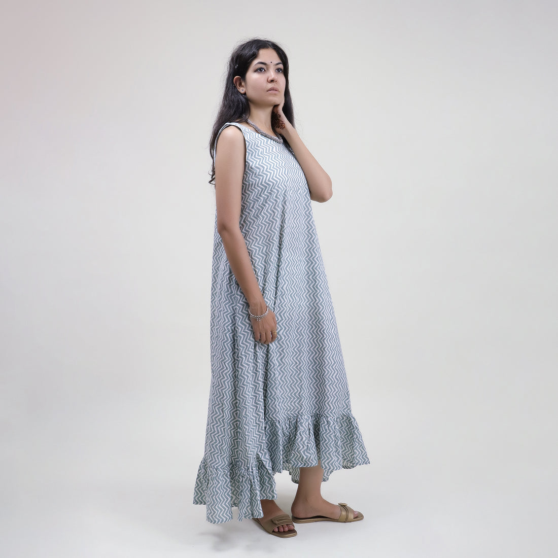 Zig Zag Fancy Blue Midi Dress with Belt