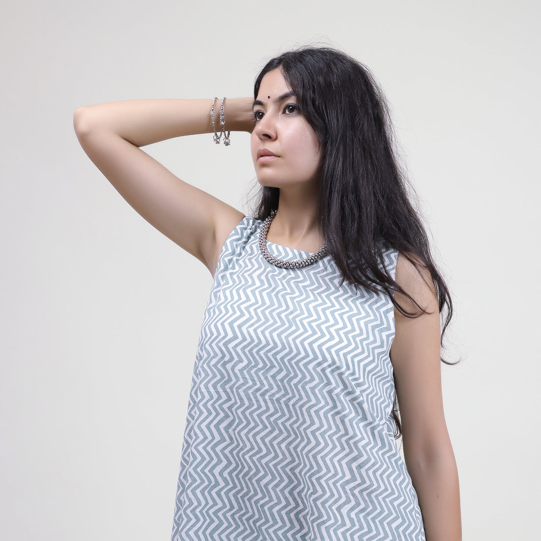 Zig Zag Fancy Blue Midi Dress with Belt