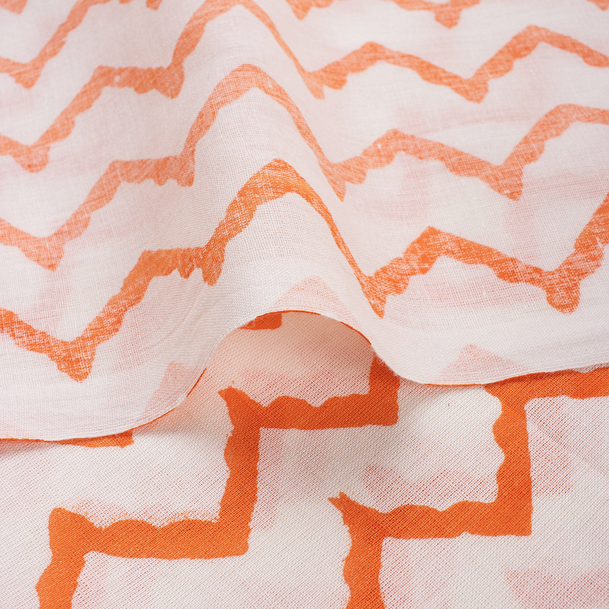Zig Zag Orange Hand Block Printed Cotton Fabric Online
