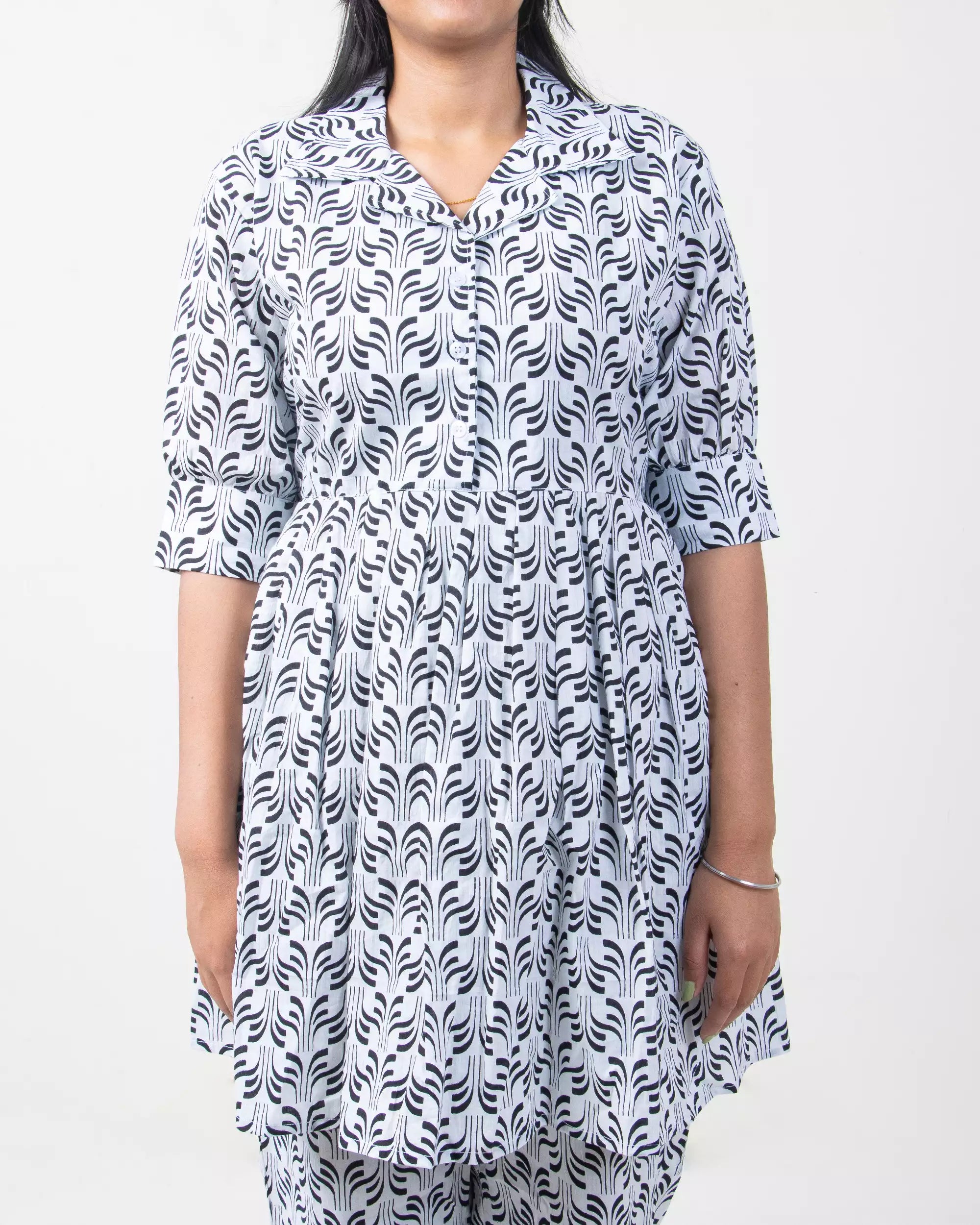 Hand Block Printed Cotton Shirt with Short and Pajama Cord Set